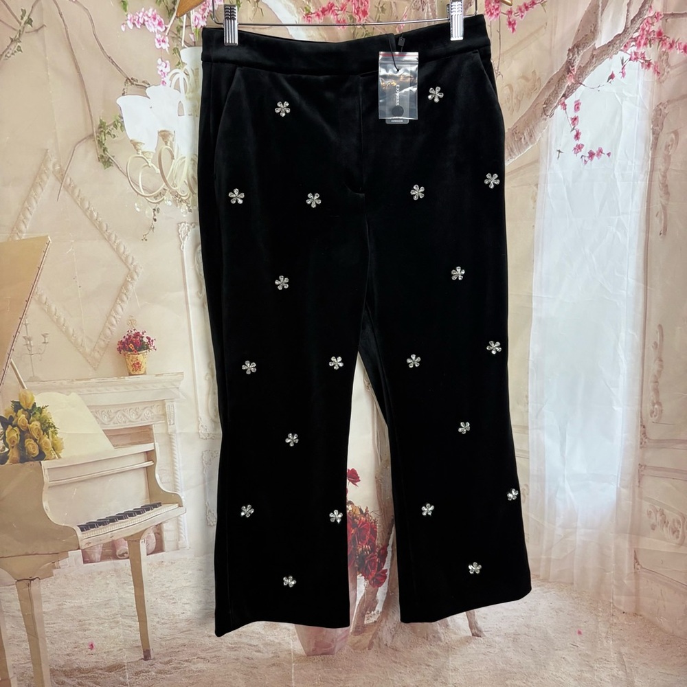 NEW Express Black Trousers with Jeweled Floral Accents